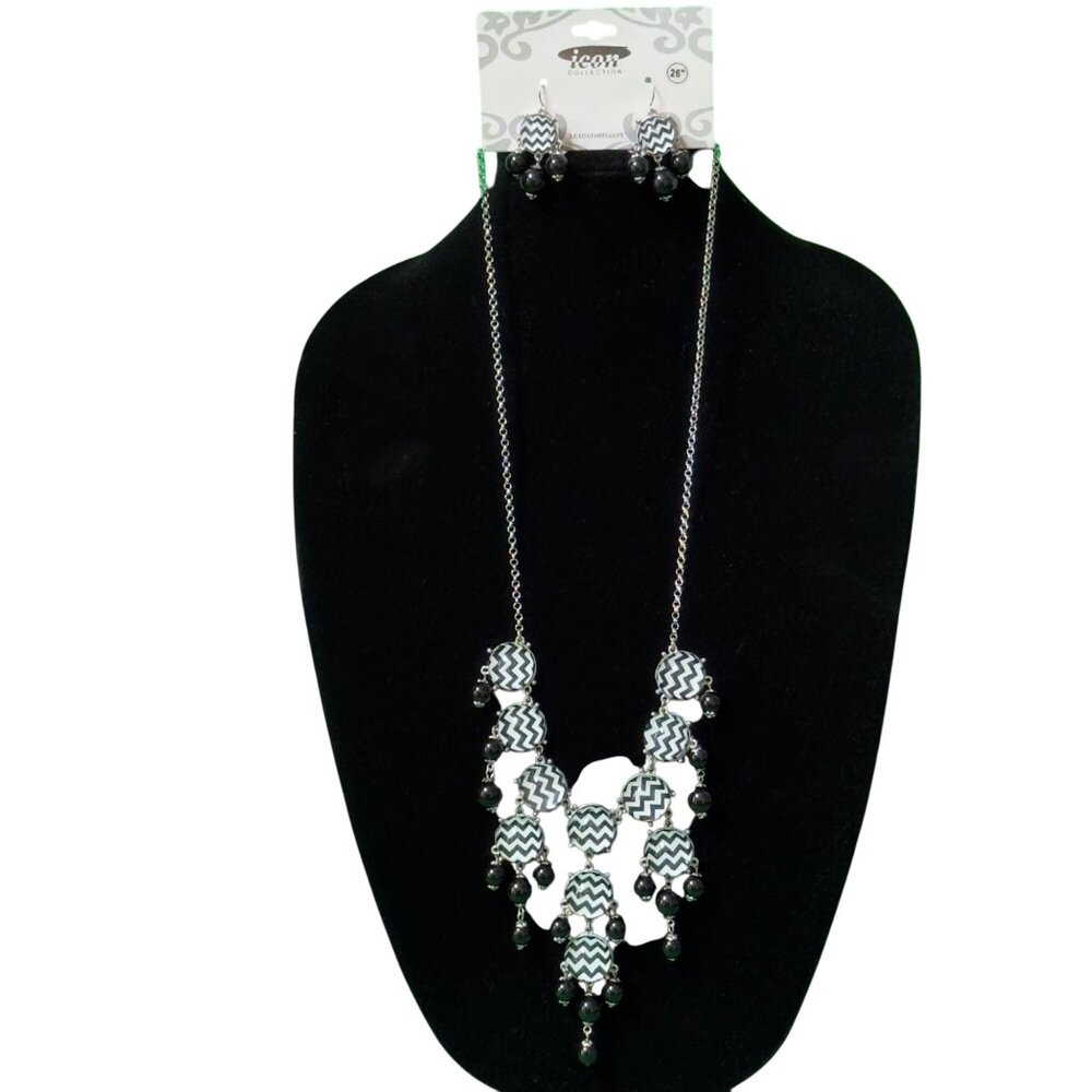 Black & White Chevron Necklace & Earrings Set By Icon Collection